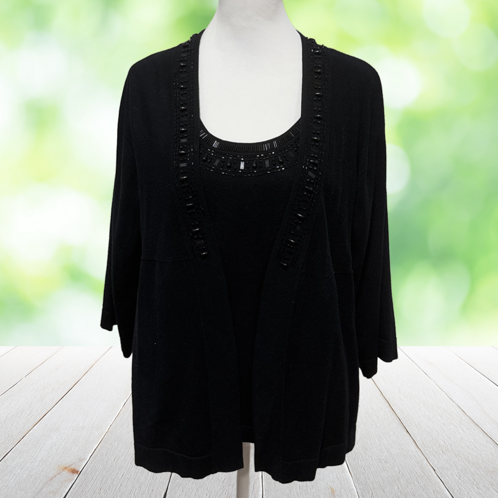 Vintage CHICOS Hand Beaded Twin Set Cardigan Shell Cocktail Black Size 1 (M)